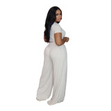 Plus Size Summer Solid Casual Women's Short sleeve top Wide Leg Two-Piece pants Set