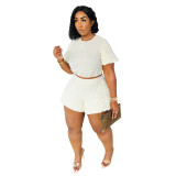 Plus Size Women's Loose Fit Two-Piece Summer Solid Casual Bubble Shorts Set
