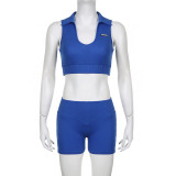 Klein Blue Solid Color Turndown Collar Sleeveless Pullover Yoga top + High Waist Shorts Sports Yoga Two-piece Set for Women