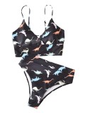 black v-neck cartoon dinosaur print v-neck high waist sexy two piece bikini swimsuit