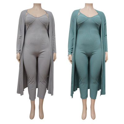 Plus Size Women's Set High Stretch Knitting Ribbed Tight Fitting Jumpsuit Coat Two-Piece Set