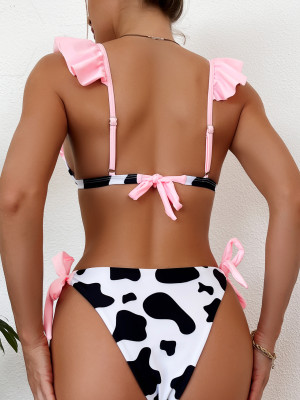 Women's two piece bikini cow print ruffled sexy swimsuit
