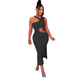 Women's Sexy Dress Summer Solid Color Sleeveless Tight Fitting Slit Maxi Dress