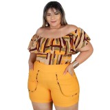 Summer Contrast Geometric Print Plus Size Women's Casual Off Shoulder Two-Piece shorts set