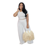 Plus Size Summer Solid Casual Women's Short sleeve top Wide Leg Two-Piece pants Set