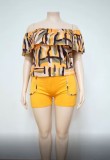 Summer Contrast Geometric Print Plus Size Women's Casual Off Shoulder Two-Piece shorts set