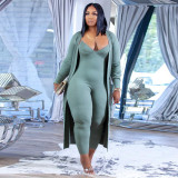 Plus Size Women's Set High Stretch Knitting Ribbed Tight Fitting Jumpsuit Coat Two-Piece Set