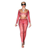 Women's Sexy Tight Fitting Mesh See-Through Print long sleeve crop top Trousers Two-Piece Set for Women