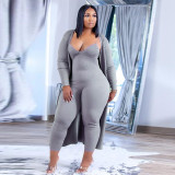 Plus Size Women's Set High Stretch Knitting Ribbed Tight Fitting Jumpsuit Coat Two-Piece Set