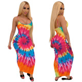 Ladies Tie Dye Digital Print Sleeveless Strap Dress Maxi Dress Club Dress