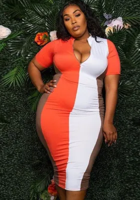 Summer Plus Size Women's Dress Colorblock Tight Fitting Slim Midi Dress