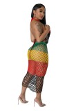 Women's long woven color block hollow out beach dress
