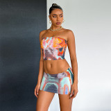 Women Summer Print Strapless Top and Mini Skirt Two-Piece Set