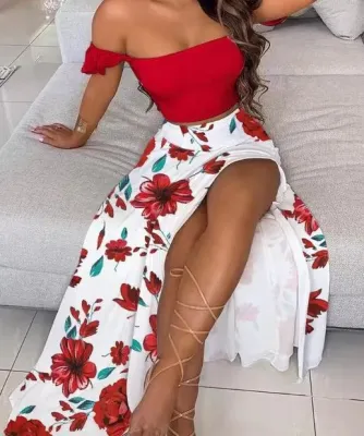 Women Summer Sexy Print Off Shoulder Top and Slit Maxi Dress Two-Piece Set