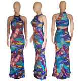 Women Summer Feather Print Hollow Sleeveless Dress