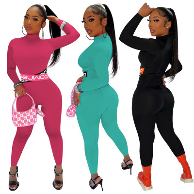 Women Sexy Letter Print Solid Color Long Sleeve Jumpsuit