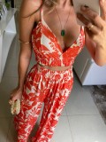 Women Camisole Sexy Holidays Deep V Neck Printed Top and Trousers Two-Piece Set