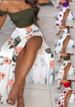 Women Summer Sexy Print Off Shoulder Top and Slit Maxi Dress Two-Piece Set