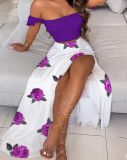 Women Summer Sexy Print Off Shoulder Top and Slit Maxi Dress Two-Piece Set