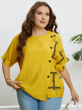 Women's Summer Yellow Round Neck Button Up Loose Top