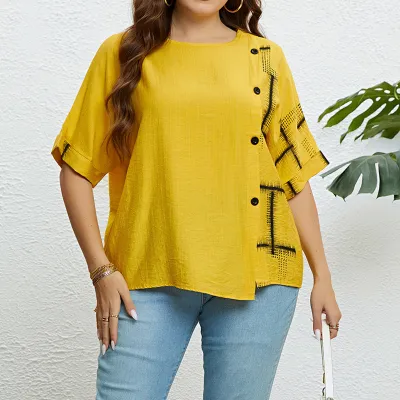 Women's Summer Yellow Round Neck Button Up Loose Top