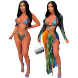 Printed Three-Piece Swimsuit Women's Sexy Lace-up Low Back Bikini with See-Through Cover-Up