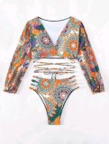 Long Sleeve Deep V Lace-Up Multi-Color Print Two Pieces Women's Bikini Swimsuit