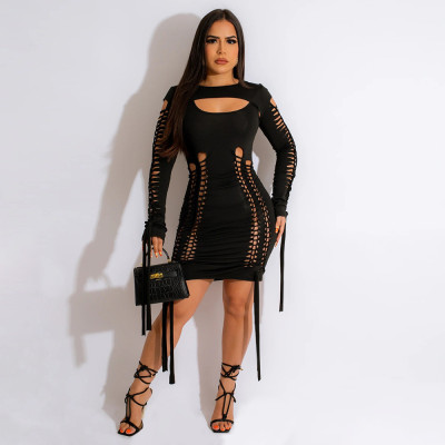 Women Fashion Solid Color Sexy Cutout Long Sleeve Round Neck Slim Dress