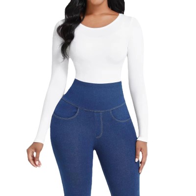Solid Color Bodysuit Women's Slimming Basic Plus Size Butt Lift Long Sleeve Seamless Shapewear Bodysuit