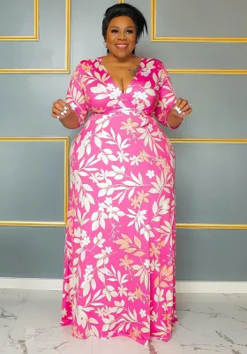 Plus Size Long Sleeve V Neck Women's Elegant Dress
