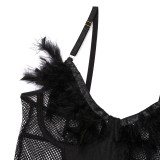 Women's Sexy Feather Fishnet Hollow See-Through Sexy Lingerie Teddy
