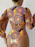 Long Sleeve Deep V Lace-Up Multi-Color Print Two Pieces Women's Bikini Swimsuit