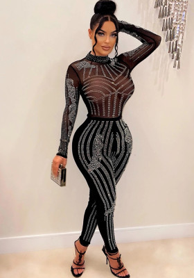 Women's Fashion Solid Color Mesh Beaded Long Sleeve Jumpsuit