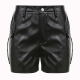Women's Solid Color Elastic Pu Leather Pocket Patchwork High Waist Straight Shorts