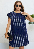 Women's summer polka dot lotus leaf edge dark blue dress