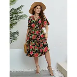 Summer Rose V Neck Slim Waist Slim Fit Dress