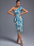 Summer Fashion Sexy Chic Jacquard One Shoulder Short Gown High End Dress