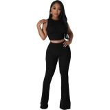Women's Sexy Solid Round Neck Sleeveless High Stretch Ribbed Bell Bottom Pants Two-Piece Set