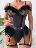 Women's Sexy Feather Fishnet Hollow See-Through Sexy Lingerie Teddy