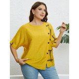 Women's Summer Yellow Round Neck Button Up Loose Top