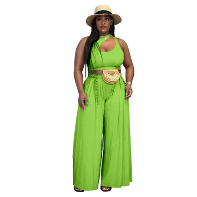 Summer Plus Size Women's Sexy Tank Top Wide Leg Two-Piece Set Solid Color Casual Set