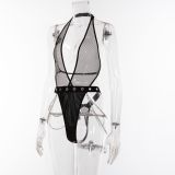 Ladies Fishnet Hollow Out Patchwork Pu Chain Sexy Lingerie Onesie