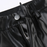 Women's Solid Color Elastic Pu Leather Pocket Patchwork High Waist Straight Shorts