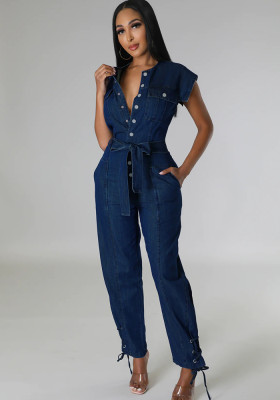 Women's Solid Denim Pocket Belt Lace-Up Casual Jumpsuit