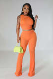 Women's Sexy Solid Round Neck Sleeveless High Stretch Ribbed Bell Bottom Pants Two-Piece Set