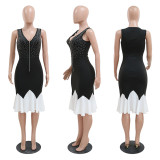 Fashion V Neck Zipper Dress Beaded Patchwork Sexy Bodycon Ruffle Dress