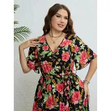 Summer Rose V Neck Slim Waist Slim Fit Dress