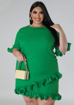 Plus Size Women's Fashion Fit Round Neck Solid Ruffle Casual Dress