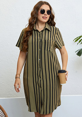 Women's Summer Green Striped Loose Casual Shirt Dress