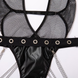 Ladies Fishnet Hollow Out Patchwork Pu Chain Sexy Lingerie Onesie